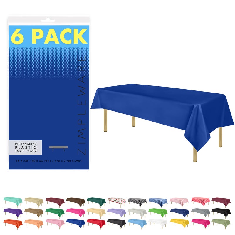ZIMPLEWARE Premium Blue Plastic Table Cloth Disposable (6 Pk) Plastic Tablecloths for Rectangle Tables (54in x 108in) Party Table Cloths Disposable for 6ft to 8ft Rectangle Tables - Image 1